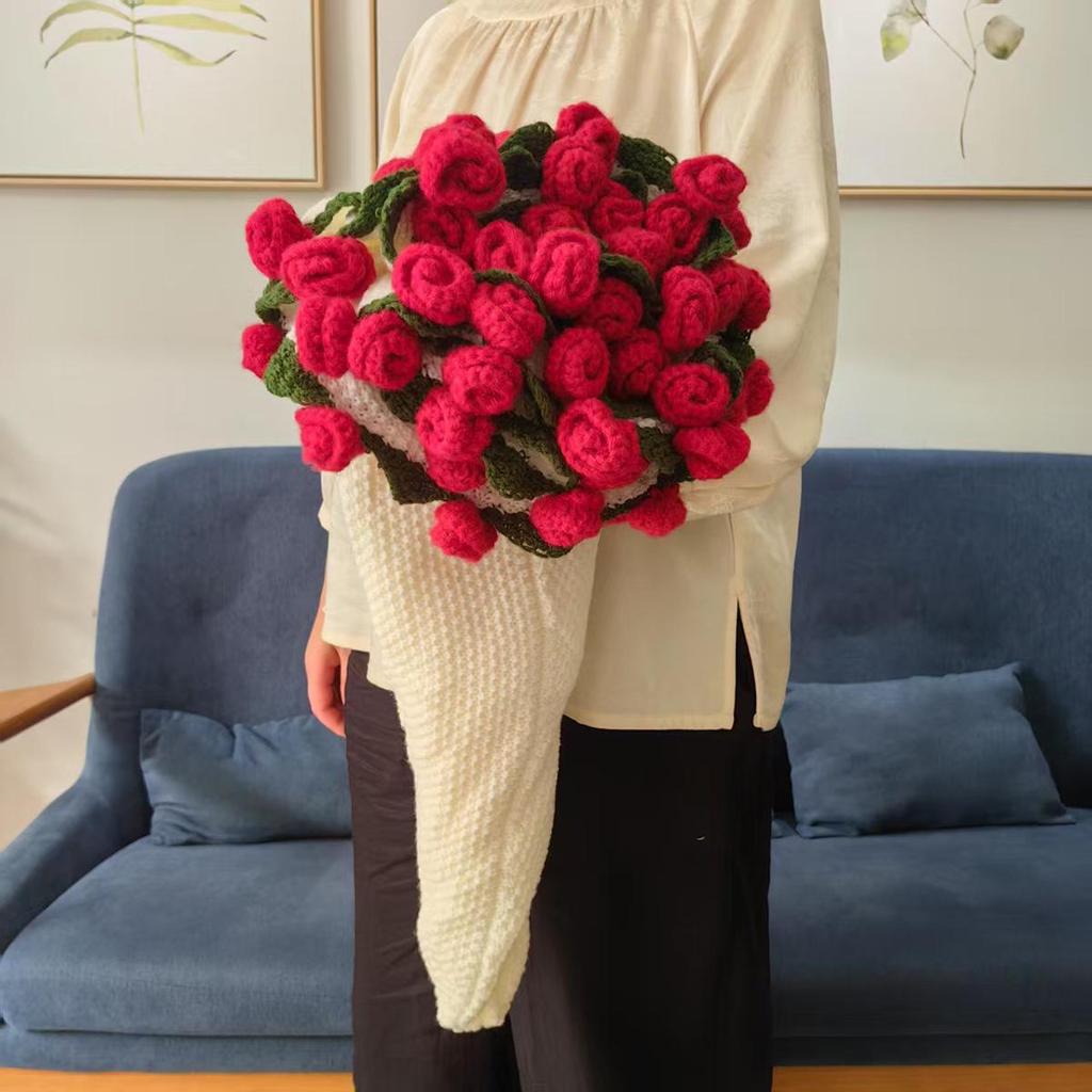 Handmade Knitted Rose Bouquet Round Crochet Flower Blanket