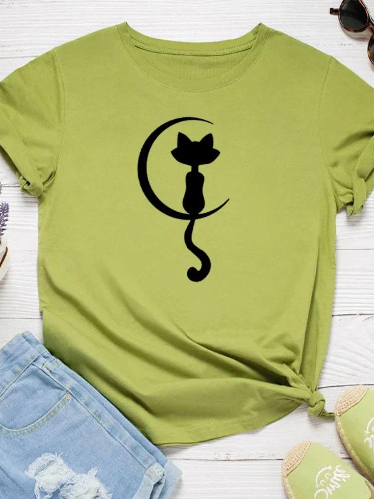 Cat Sit On Moon Print Women T Shirt Short Sleeve O Neck Loose Women Tshirt Ladies Tee Shirt Tops Clothes Camisetas Mujer