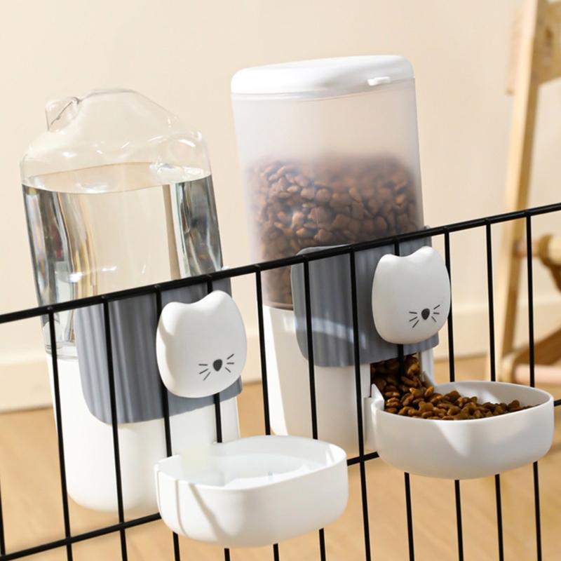 2PCS Cage Mounted Automatic Pet Food Water Dispenser with Cartoon Cats Design Easy Installation For Home Feeding Supply