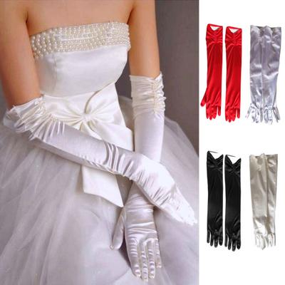1 par de guantes de novia para boda, plisados, de satén suave, antideslizantes, con decoración de perlas de imitación, de color puro, para baile, banquete, cóctel, fiesta, guantes para dama