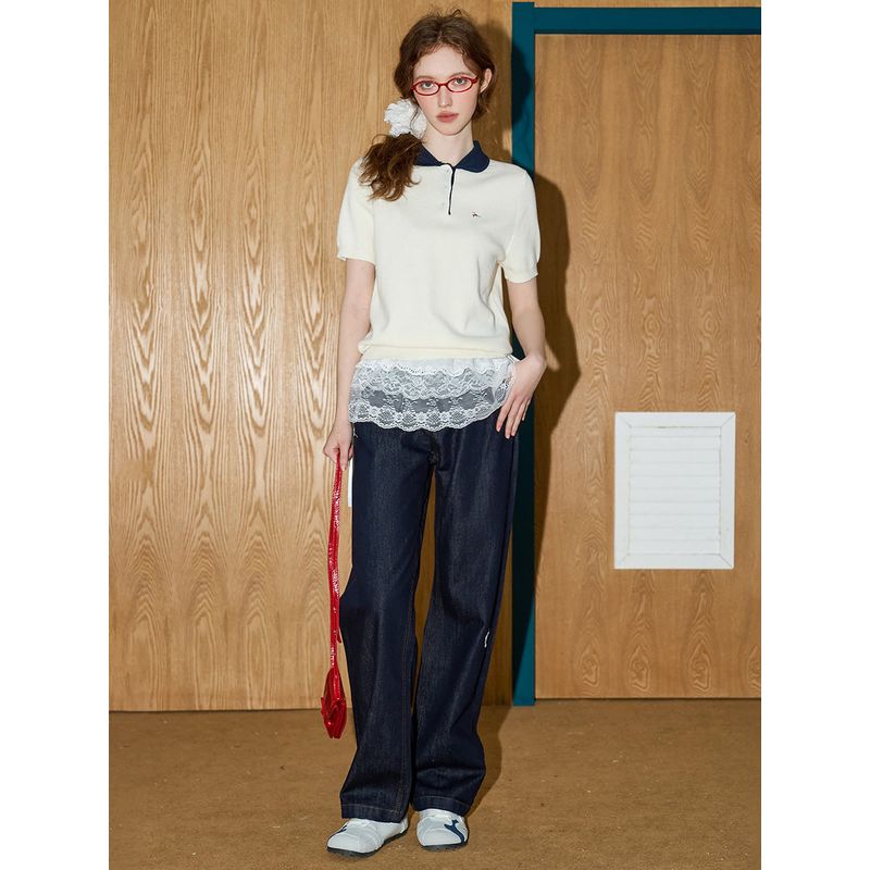 Coolhut Preppy Style Doll Collar Embroidered Knitted Short-Sleeved Color-Blocking Casual Versatile 2025 Summer Women's Knitwear