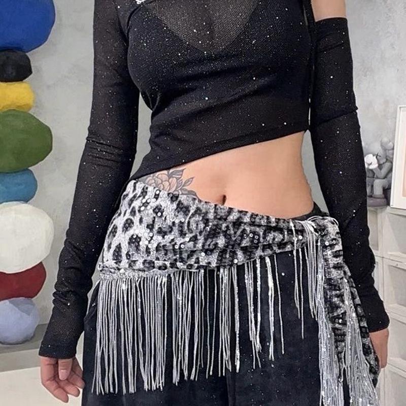 

Jazz Dance Leopard Print Fart Curtain Fashionable Street Sequin Hip Scarf Accessories Belly Dance Belt Tassel Waist Chain A1