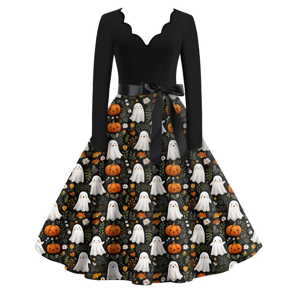 Moda casual feminina manga longa Halloween gráfico impresso vintage vestidos longos