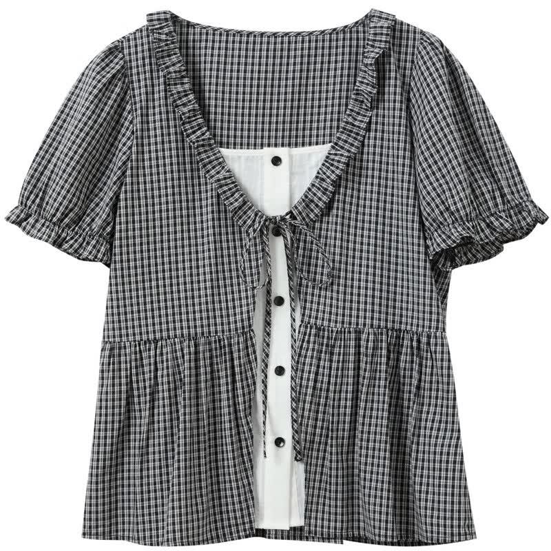 Women's Faux Two-Piece Plaid V-Neck Cotton Blouse