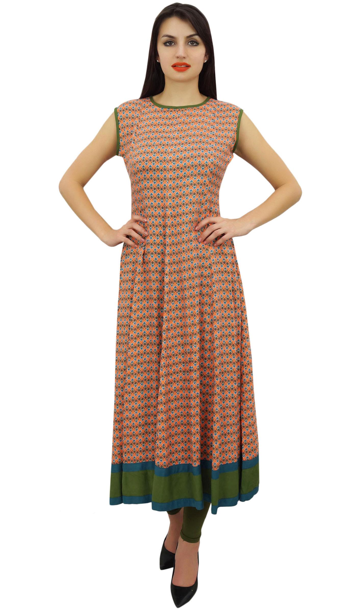 

Phagun Flared Cotton Cambric Orange Anarkali Printed Kurta Kurti Clothing - 4 помаранчевий