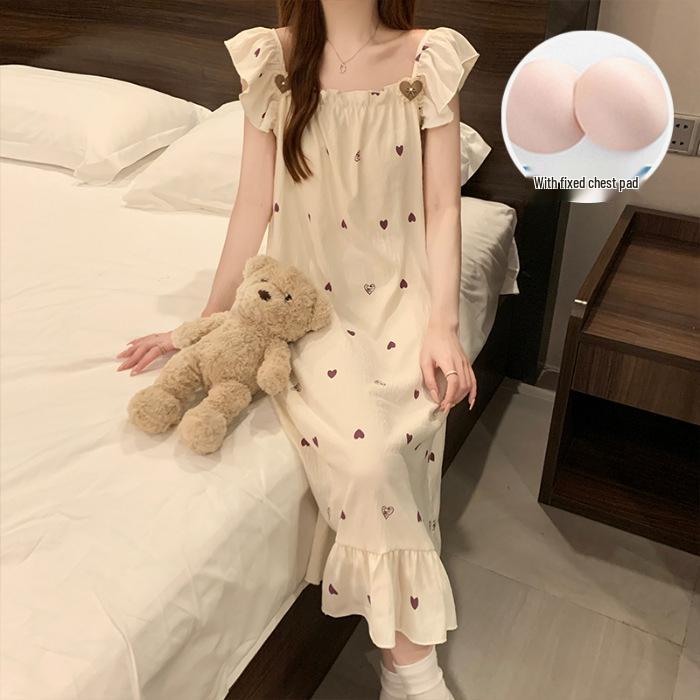 Women's Cloud Cotton Camisole Nightgown with Built-in Bra, Princess Style, Long Lapel Design for Summer 2026.