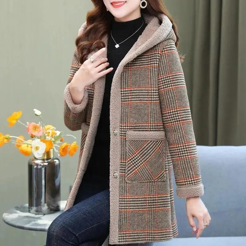 

Add Velvet Plaid Coat Female Middle Aged Women s Mid-Length Cotton-Padded Jackets Winter Hooded Warm Cold-Proof Overcoat XXXXL
