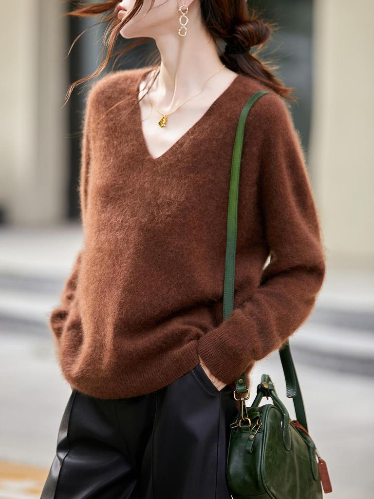 Dámský podzimní/zimní svetr s V-výstřihem, bezešvý, z broušené vlny - volný pletený pulovr