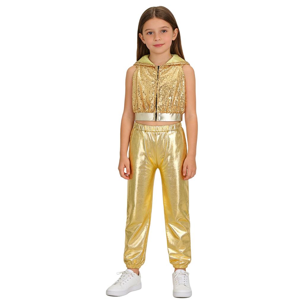 Mädchen Glitzernde Pailletten Reißverschluss Vorne Crop Top Elastische Taille Hose Hip Hop Jazz Tanz Set
