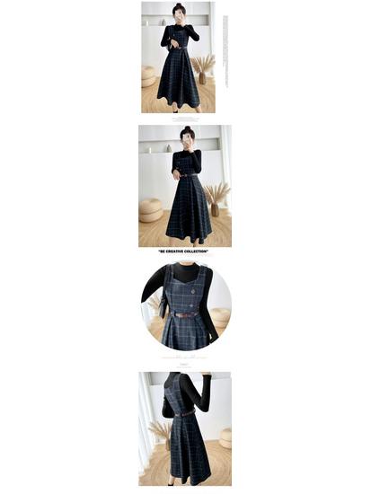 Französisches Retro Karomuster Woll-Trägerkleid-Set - Schickes Herbst/Winter Zweiteiler-Outfit