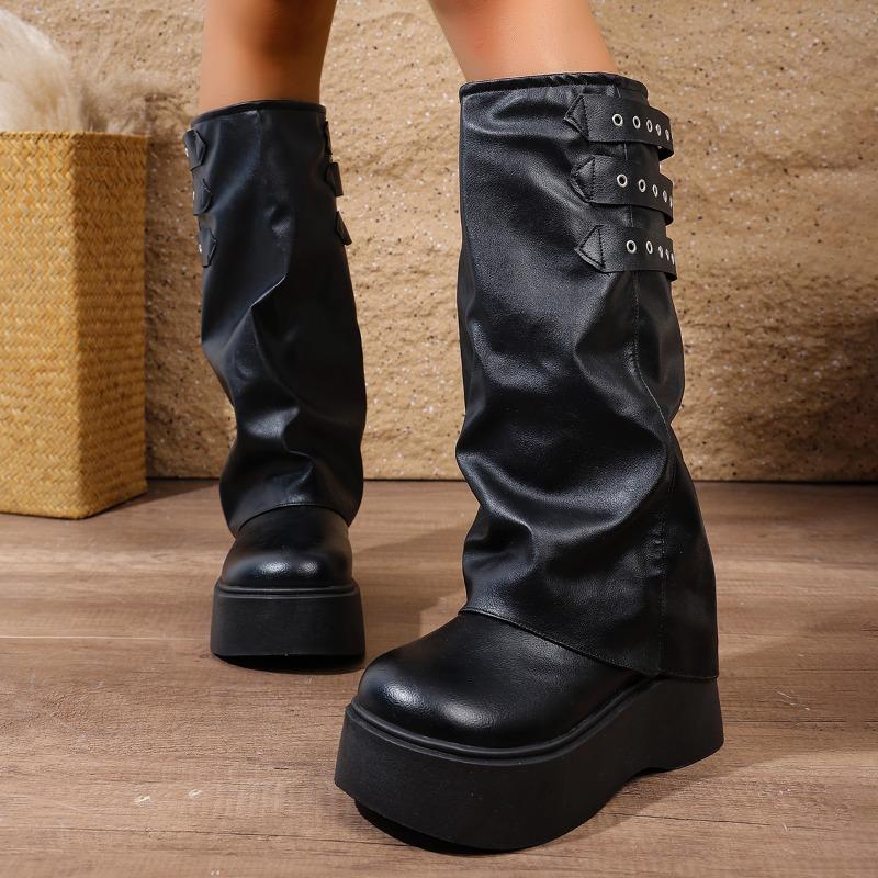 Mode 6,5 cm Absatz Kniehohe Stiefel für Damen Plateau Stiefel Frühling Herbst Winter Keil Bequem Bequem Motorradstiefel