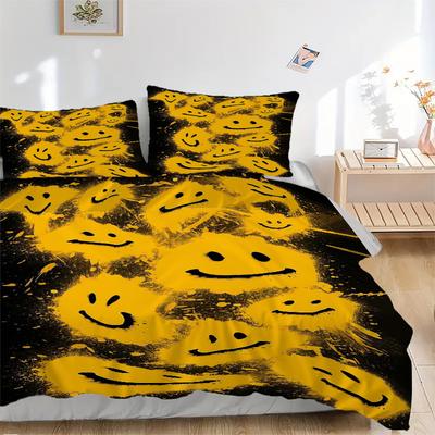 3pcs Smiley Faces Bedding Set - Includes One Quilt Cover and Two Pillowcases (No Core) - Anime Cartoon Design, Polyester Fabric, Suitable Fo