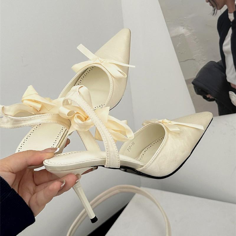 Fashion Fashion Bowknot Satin Ankle Strap Women Pumps Elegant Pointed toe Stiletto High heels Female Slingbacks Wedding Prom Shoes