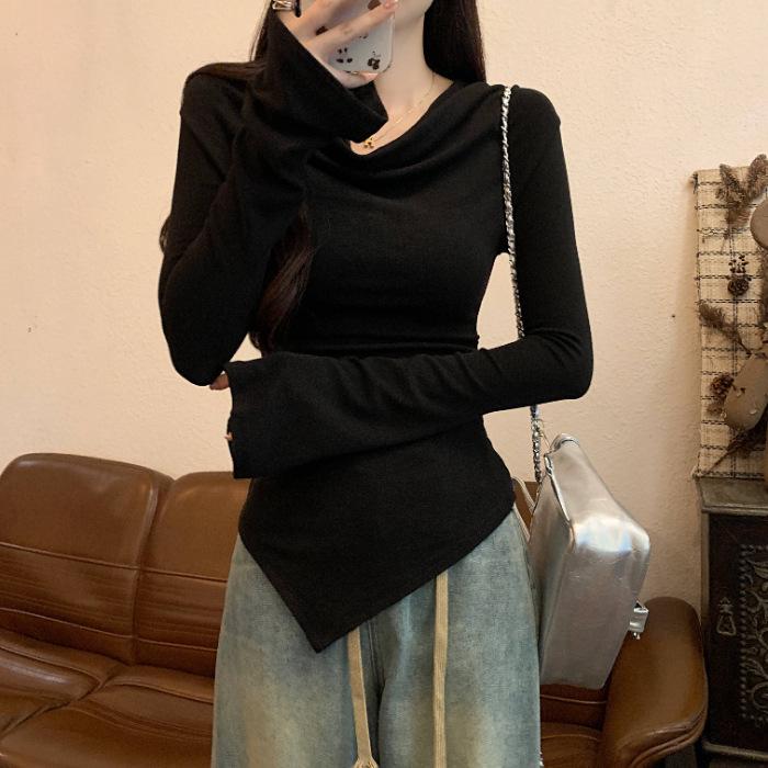 Women's Cowl Neck Long Sleeve Slim Fit Irregular Top - Stylish Autumn Base Layer Shirt
