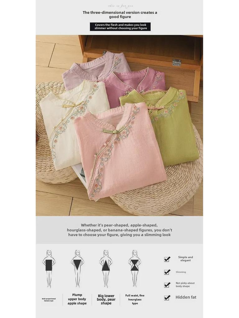 2024 Retro Style Women's Embroidered Cotton-Linen Shirt with Buttoned Lapel and Three-quarter Sleeves