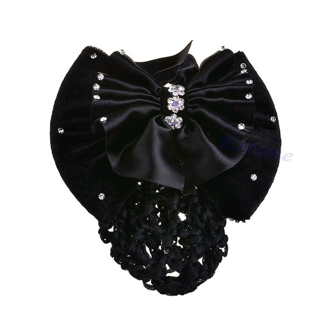 Fashion Bow Satin Rhinestone Barrette Net Bun Snood Hair Clip Cover Bowknot Hair Accessories