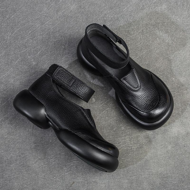 Johnature Genuine Leather Round Toe Thick Sole Pumps Casual Comfortable Hook & Loop Women's Shoes