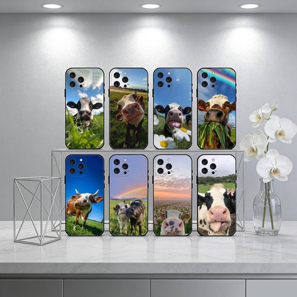Lovely Cute Cow Cows OX Phone Case For iPhone17,16,15,14,13,12 Plus,Max Soft Silicone Black Cover
