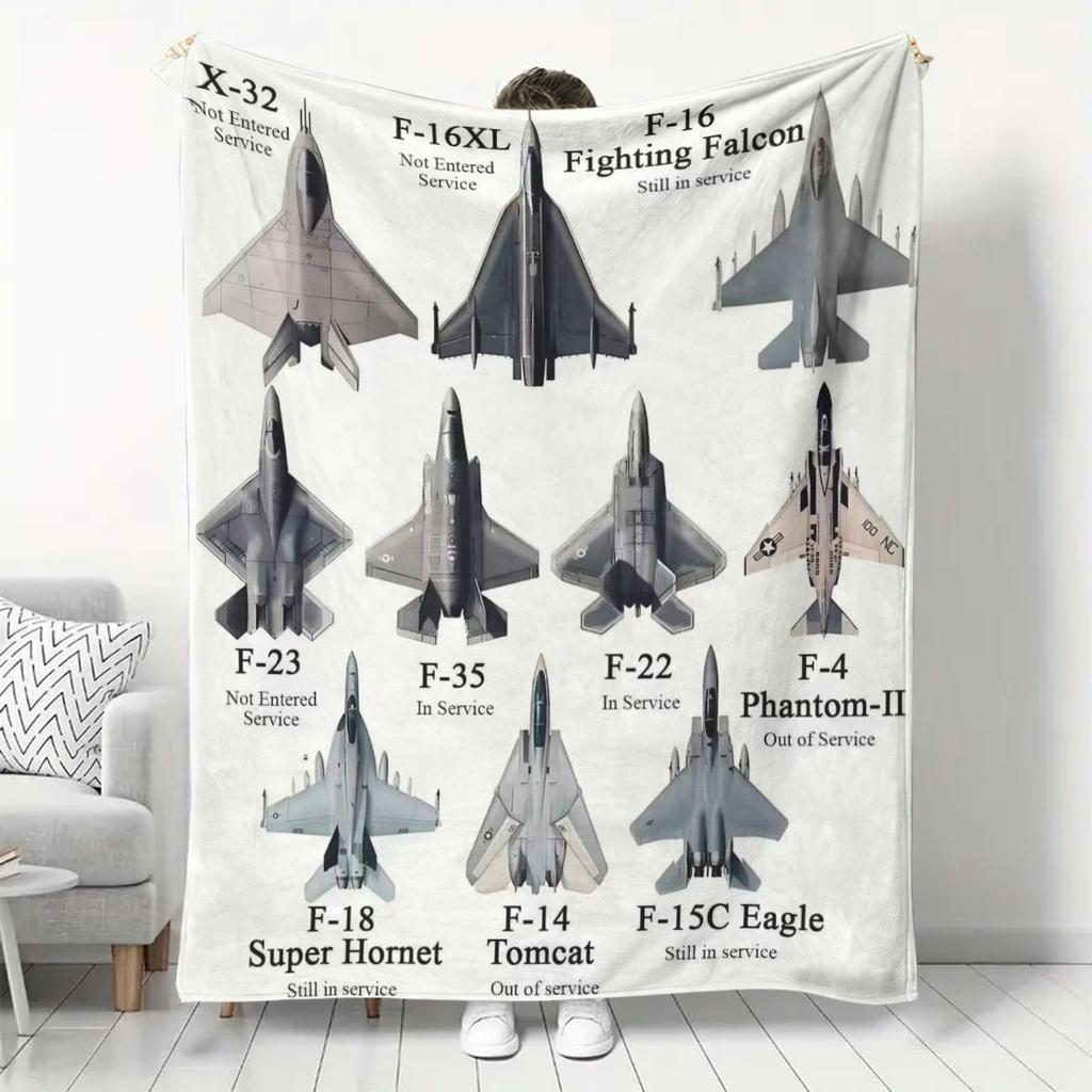 Mid-Century Modern Fighter Jet Design Flannel Throw Blanket - Soft All-Season F-22 Raptor To F-16 Falcon Collection - Aviation