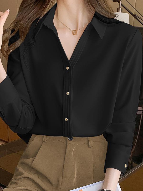 2026 Spring Women's Satin Long Sleeve Shirt with Metal Buckle – Elegant, Slimming Chiffon Design