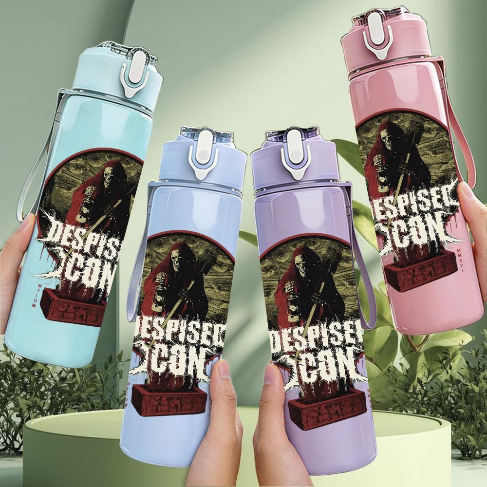 1PC Disturbed skull dark band print 750ml colorful plastic sports water bottle leakproof pop up lid with straw for outdoor work home use