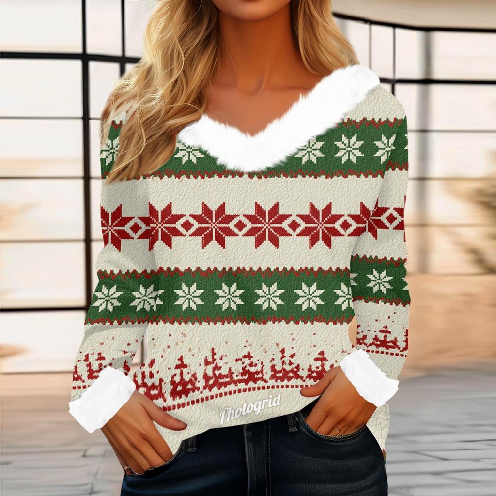 Women's Casual Long Sleeve Christmas Print Top with Plush Collar Holiday Tunic