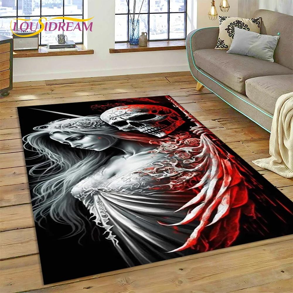 Skull Dead Girl 3D Gothic Horror Female Rose Rug Carpet for Living Room Bedroom Decor,Non-slip Decoration for Sofa Doormat Gift