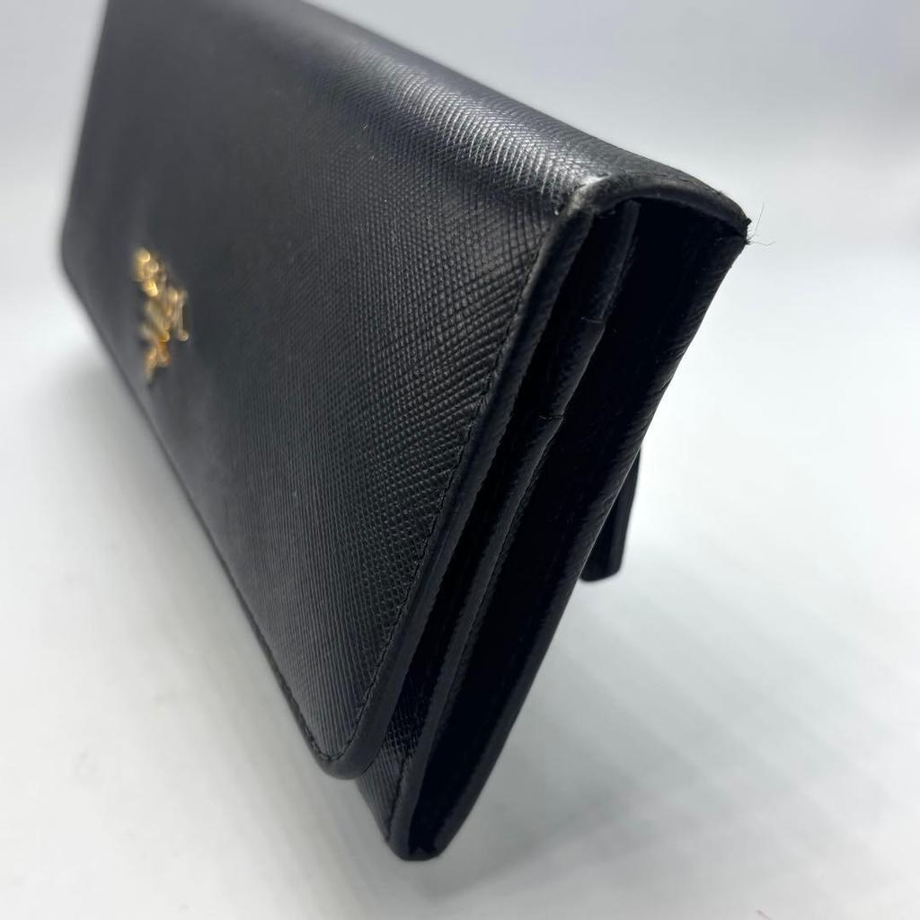 Used PRADA Saffiano Leather Long Wallet Black Gold Hardware With Box and Card