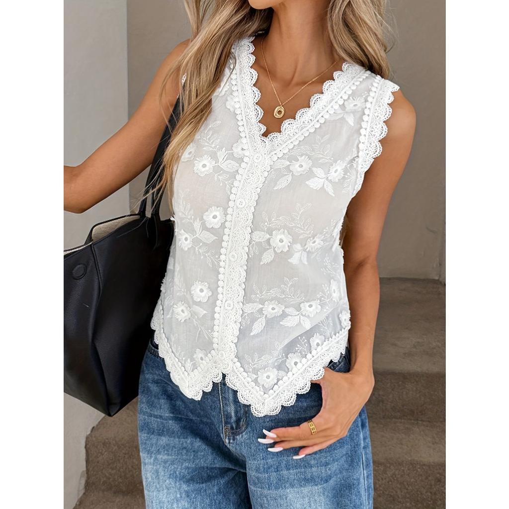 Vintage Embroidery Leaf Jacquard Lace V-neck Heavy Embroidered Cami Top