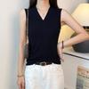 Women's Black Deep V-Neck Strappy Vest - Slimming Wide Shoulder Spring/Summer Top
