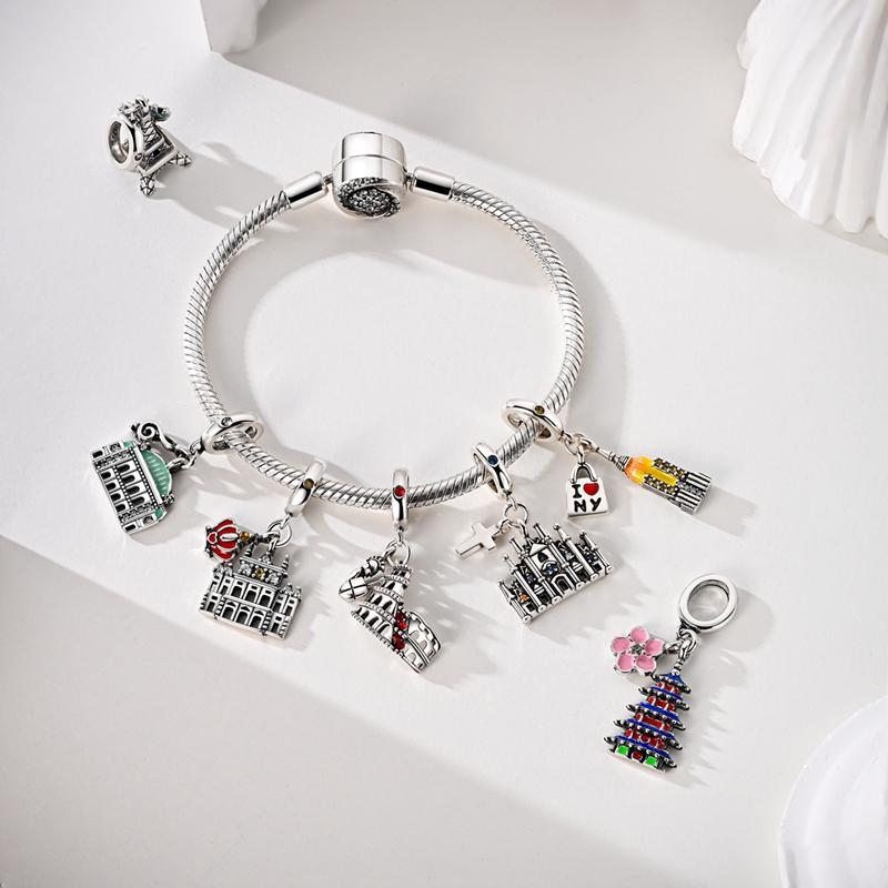 Original Copper Charms Beads Paris Eiffel Castle Church Pendant Fit Bracelet Bangle Pendant Women Diy Jewelry Gift