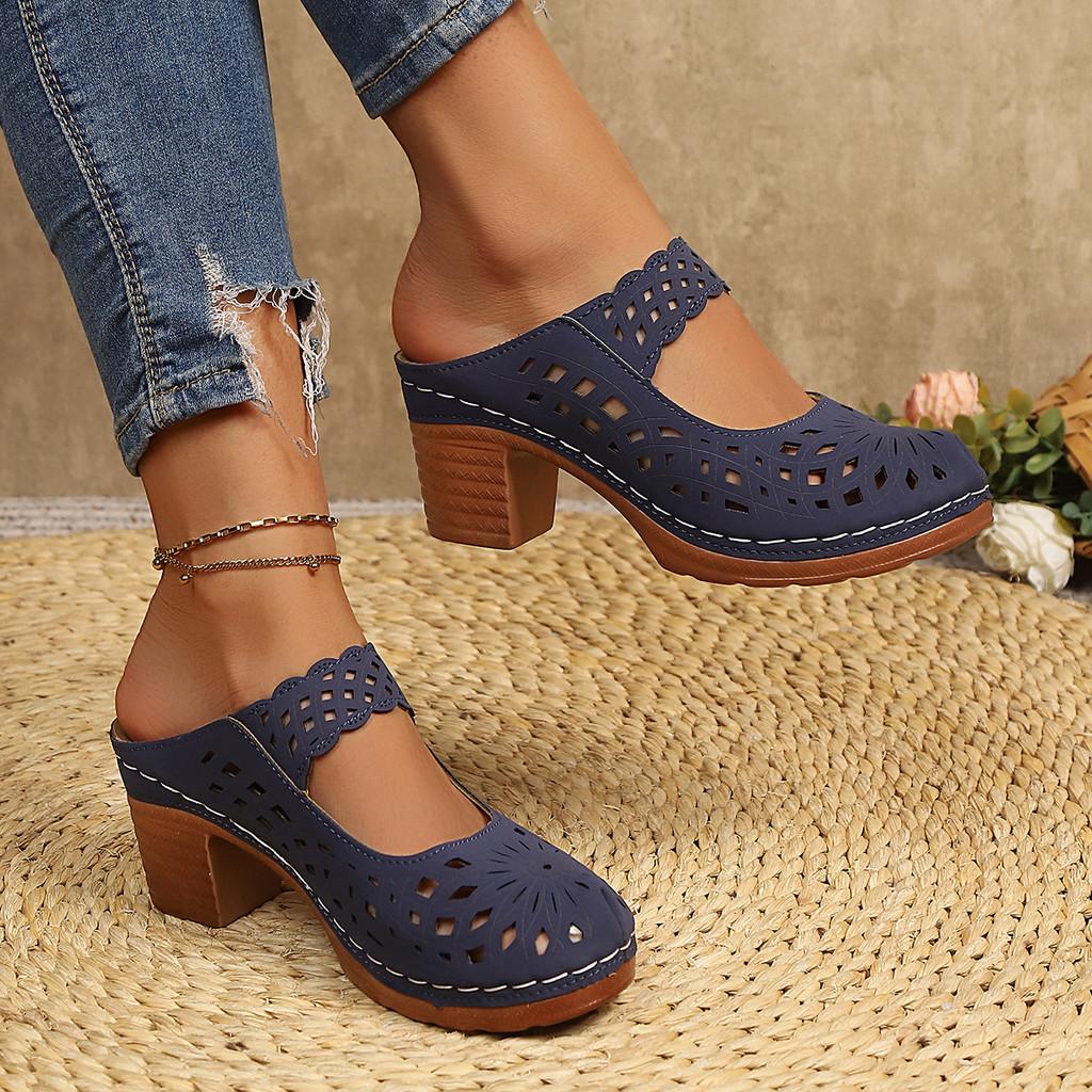 Womens Peep Toe Chunky Heel Mules With Pu Upper For Summer Wear