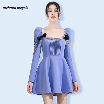 Chic Blue Retro French Square Neck Puff Sleeve Dress with Bow, 2024 Spring/Autumn.