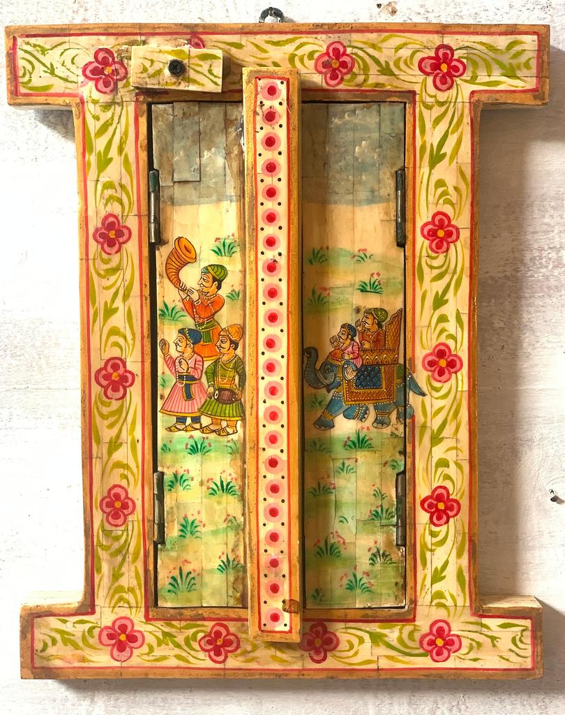 Handmade Wooden Inlay Window: Indian Folk Art Wall Decor
