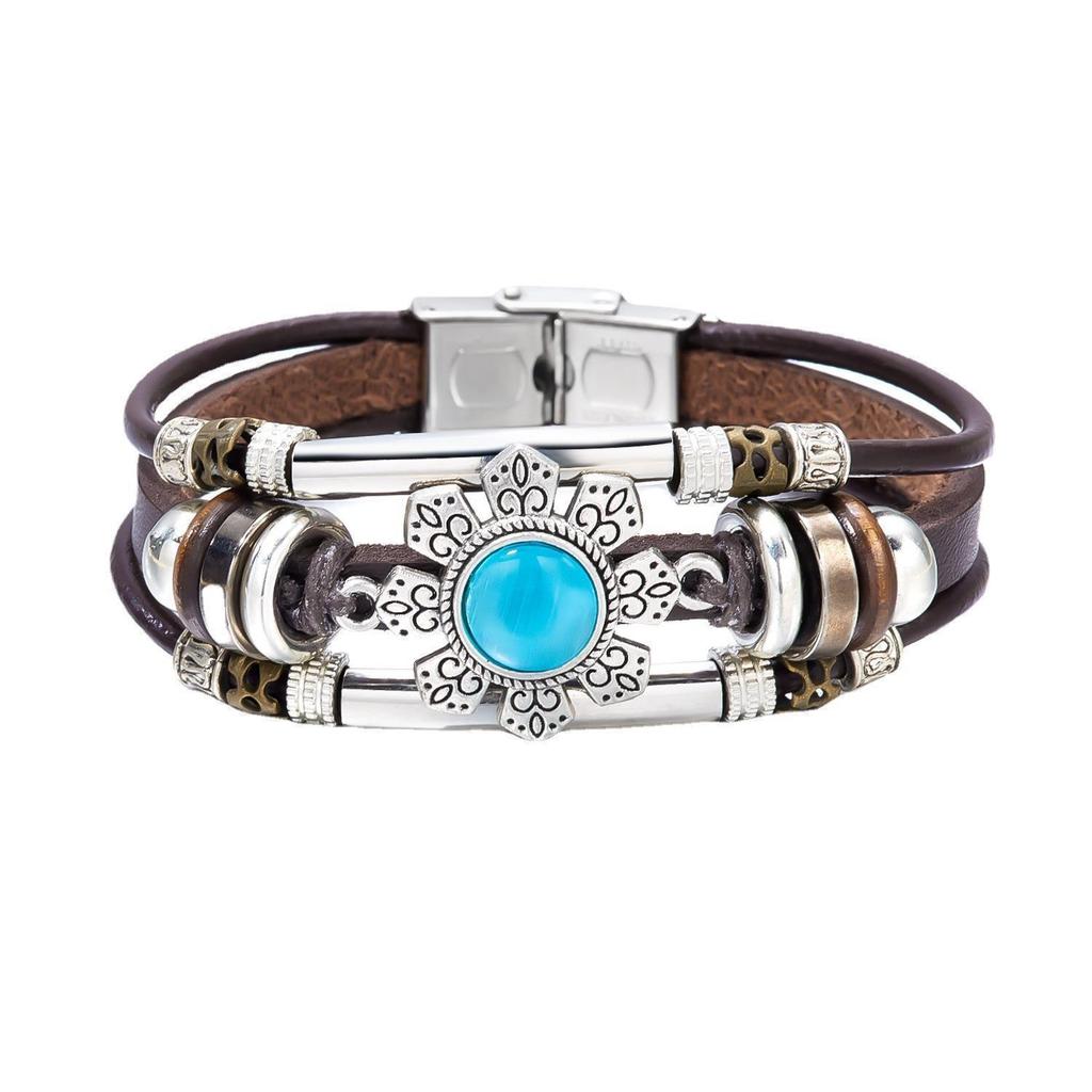 Vintage Turquoise Crystal Floral Triple-Layer Leather Bracelet