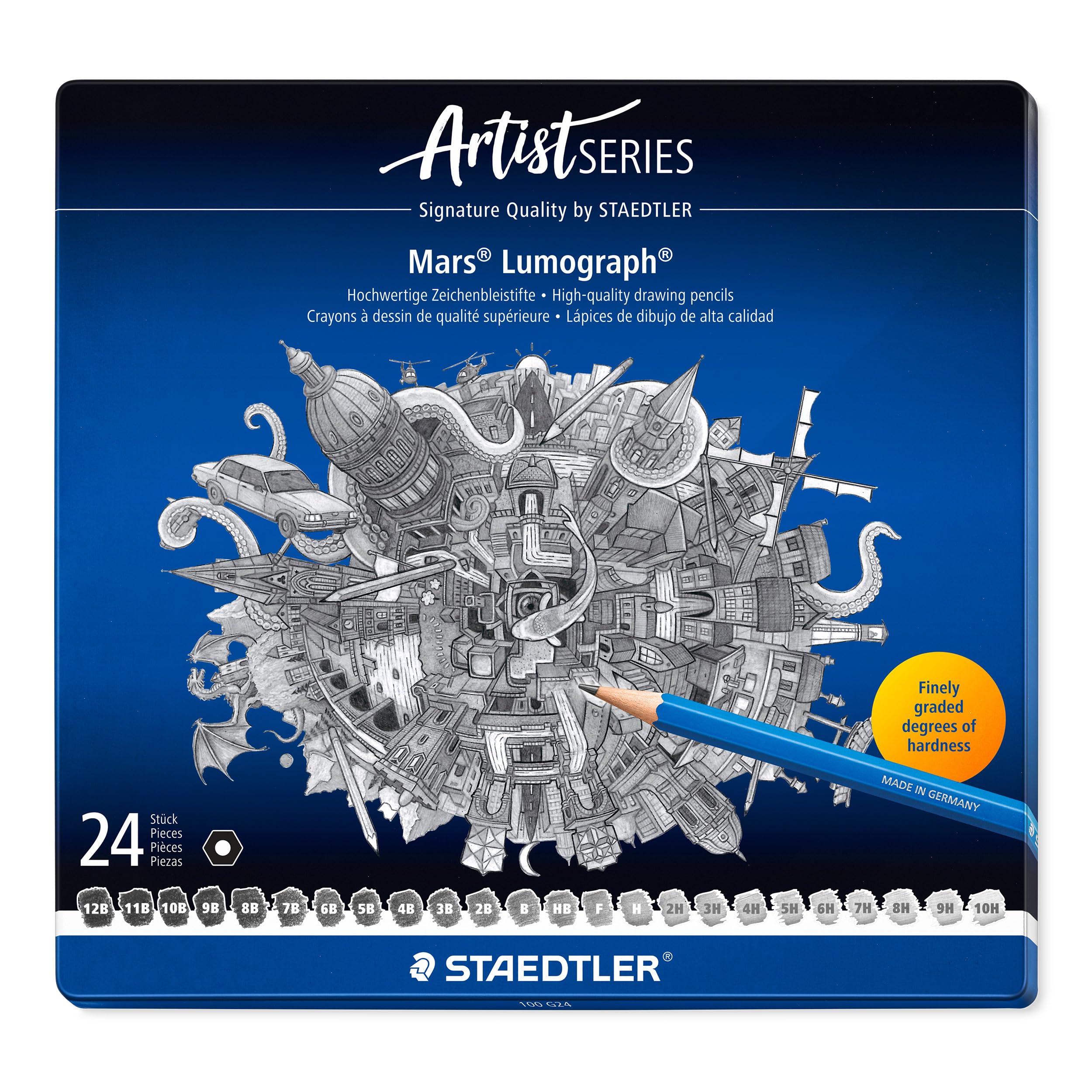 Карандаш Staedtler Mars Lumograph 24 Твердость Рисование 100 G24 Черный Набор, Градации, Карандаши,