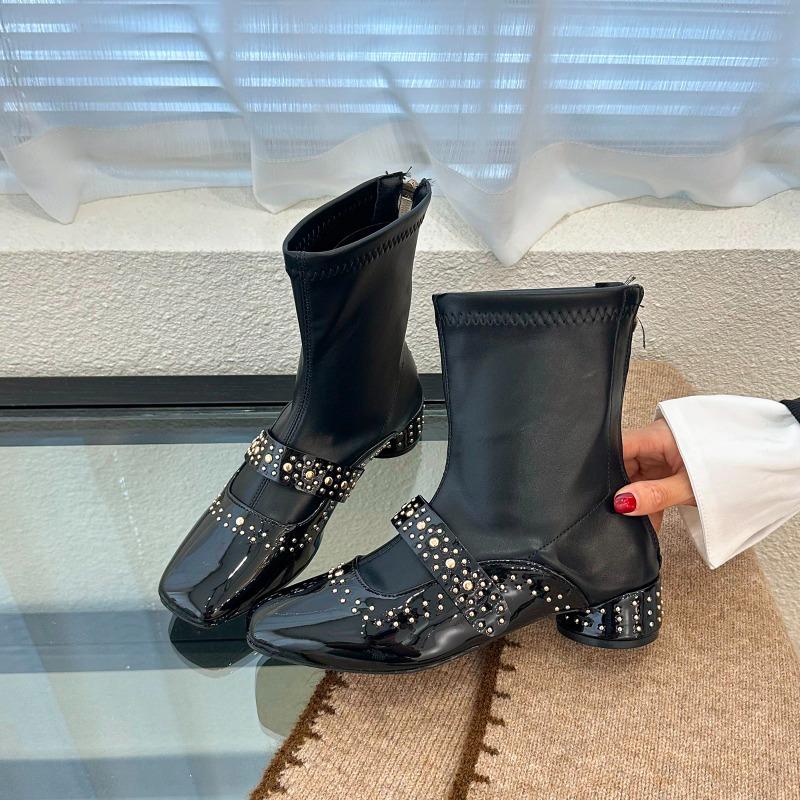 Back zipper rivet square toe thick heel short boots for women 2025 autumn/Winter new French style gentle stretch fashion boots