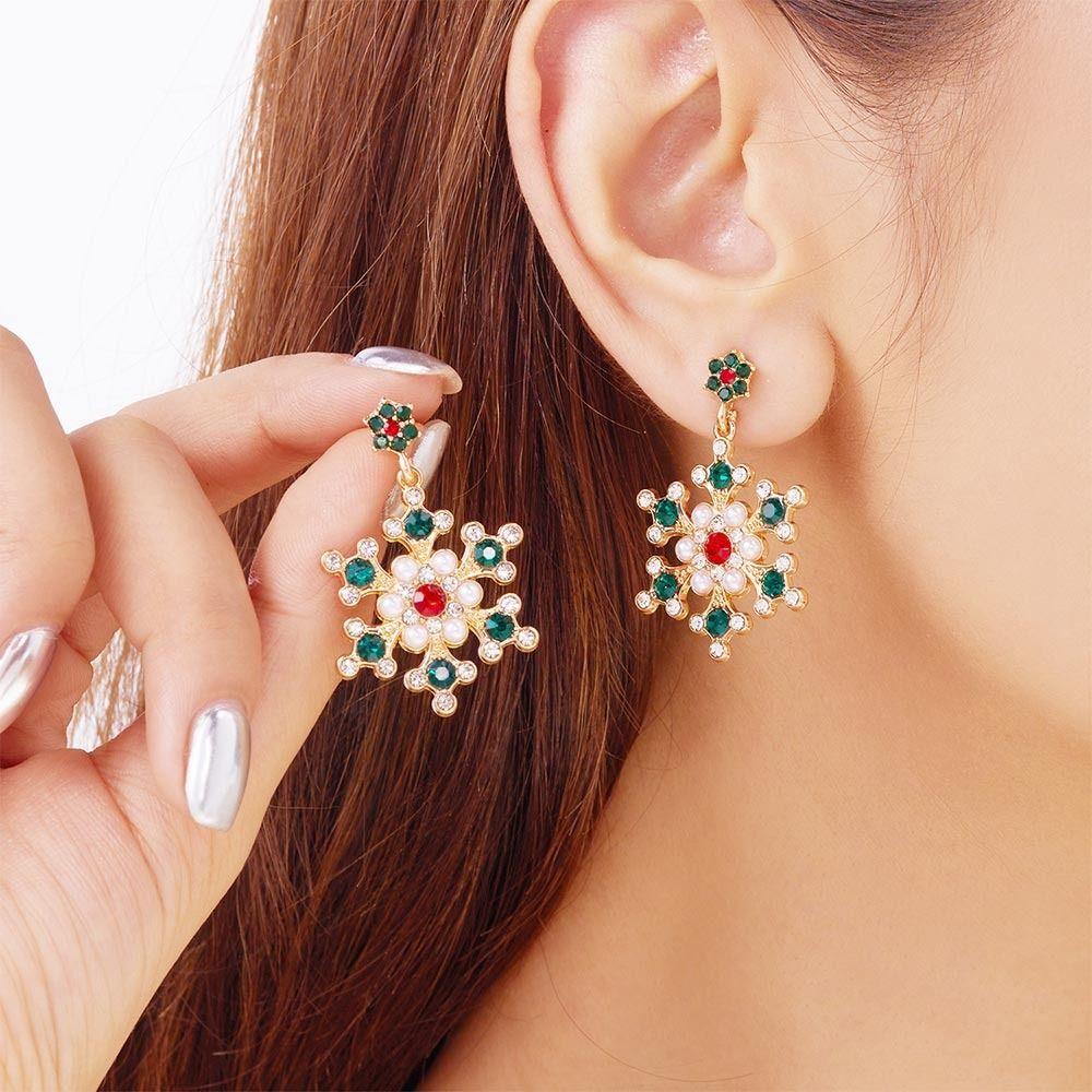 Snowflake Drop Earrings Crystal Zircon Pearl Ear Jewelry Christmas Stud Earrings  For Women Girl