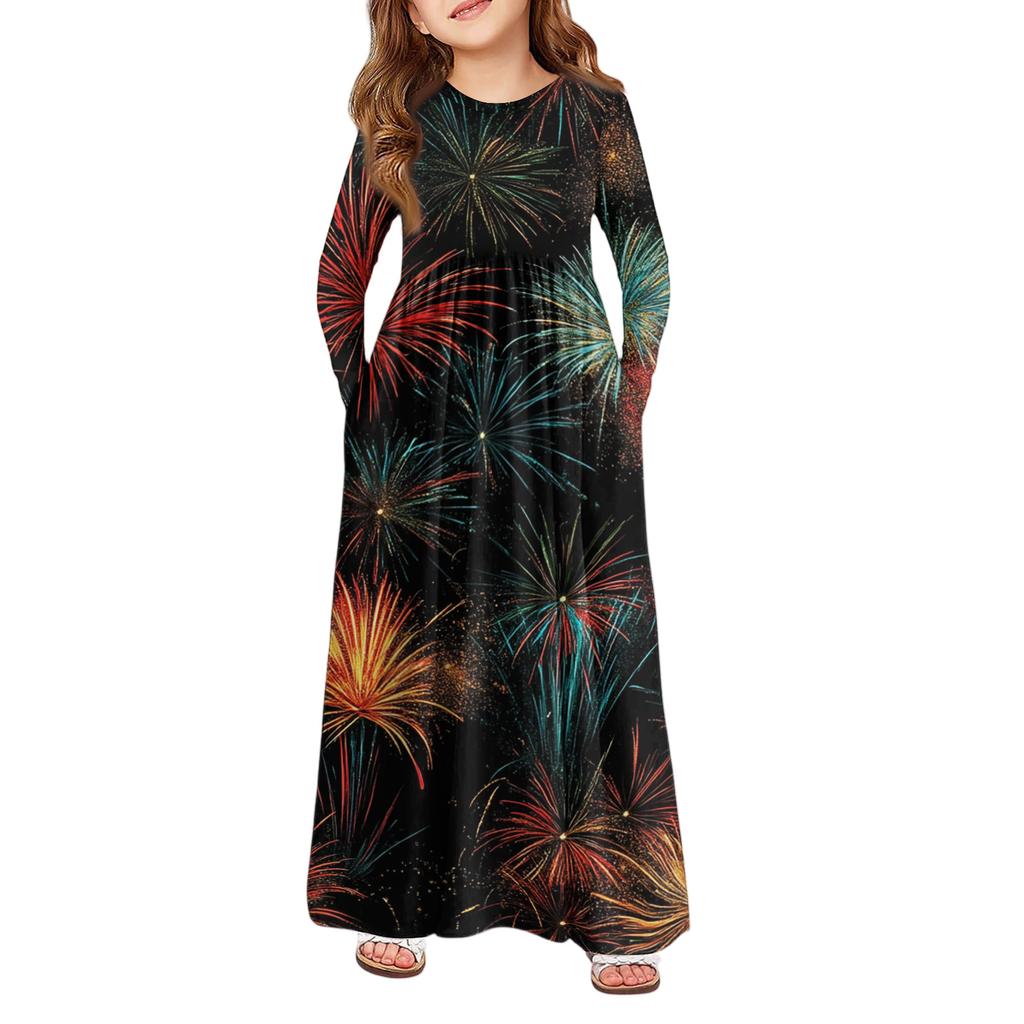 Girls' Maxi Dress - Long Sleeve Pocket Dress Christmas Day
