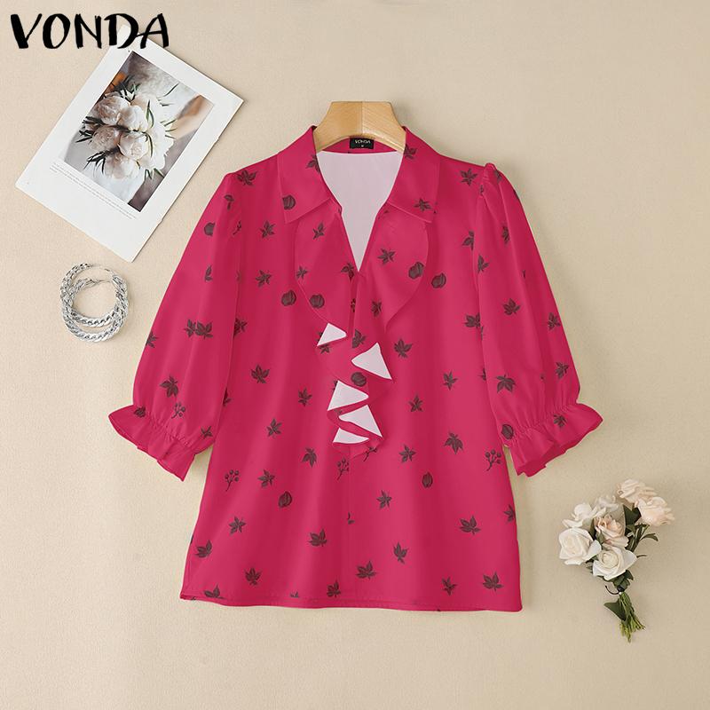 

VONDA Women Summer Lapel V Neck Puff Half Sleeve Ruffled Print Casual Blouse 5XL темно-розовый