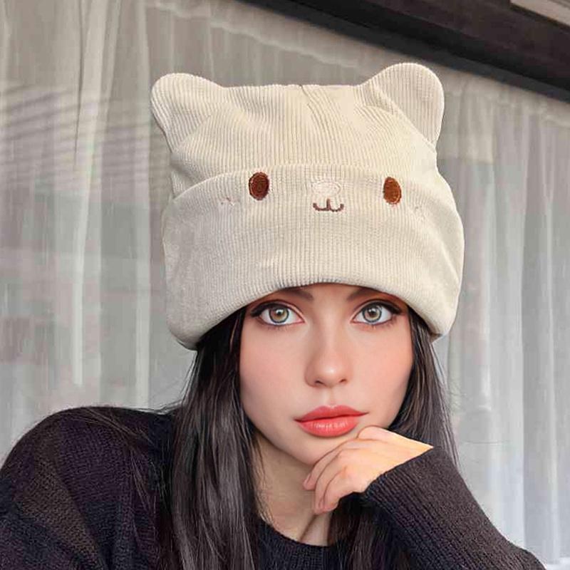 Winter Warm Knitted Slouchy Beanie for Women Embroidered Cat Ears Stretchy Cozy Hat Ladies Fashion Essential Winter Knit Cap