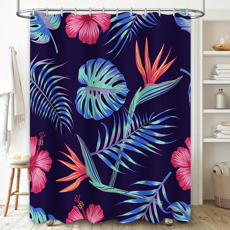Bright Floral Shower Curtain Set 180x240cm Pink Blue Green Orange Leaves Hibiscus Pattern Bathroom Decor Multiple Colors Availab