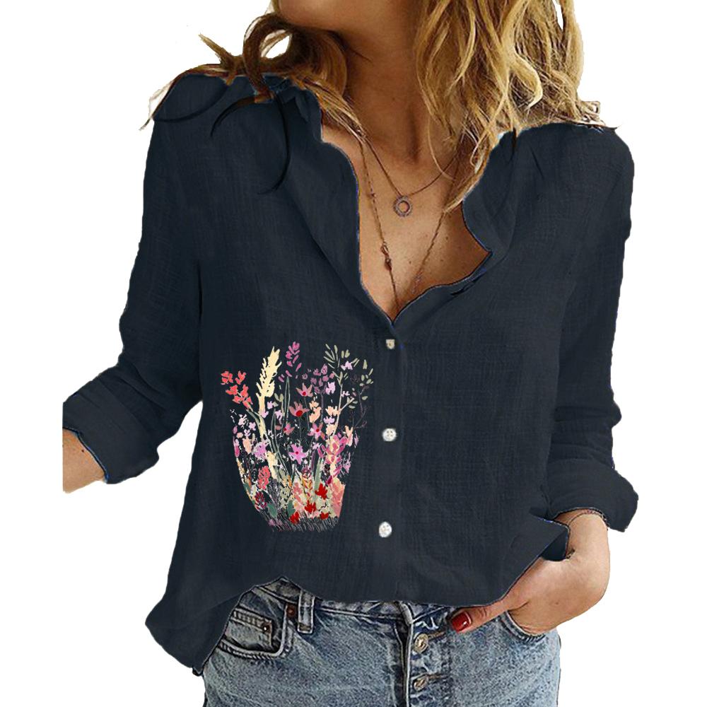 Damen Reverskragen Mode Langarm Oberteil Bedrucktes Baumwollleinen Knopfleiste Hemd Damen Lässige Druckblusen
