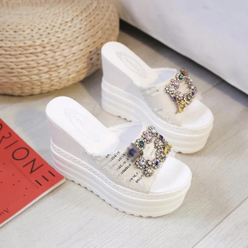 Maogu Beach Slides Sandals Woman Summer 2024 Women's Flip Flops Crystal Platform Wedge Slippers Women Ladies Shoes High Heels 39