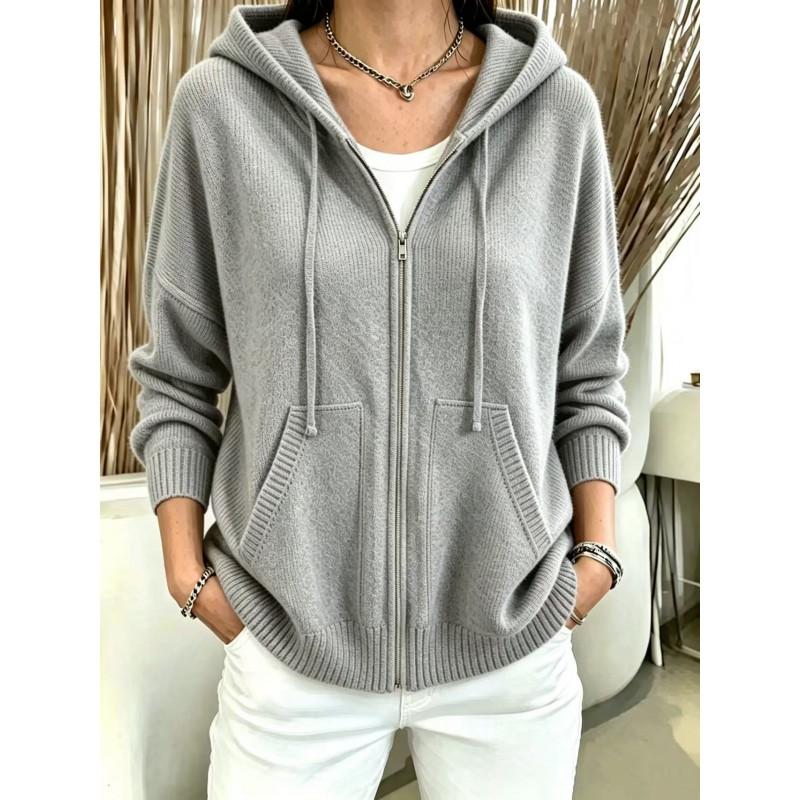 Womens Oversized Knit Hooded Zip-Up Cardigan Winter 2026 Solid Color Casual Sweater