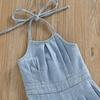 Kids Girls Denim Jumpsuit Tie Up Halter Neck Sleeveless Solid Blue Denim Long Playsuit For Girls