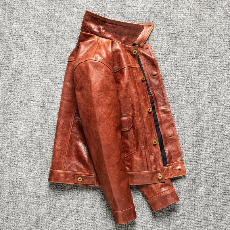 First Layer Cowhide Leather Genuine Leather Jacket for Men's Youth Denim Short Lapel Slim Autumn and Winter Jacket