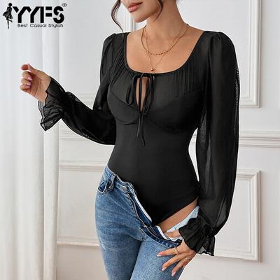 Women's Fashion Casual Solid Color Print Spring Autumn Long Sleeve Square Collar Bodysuits