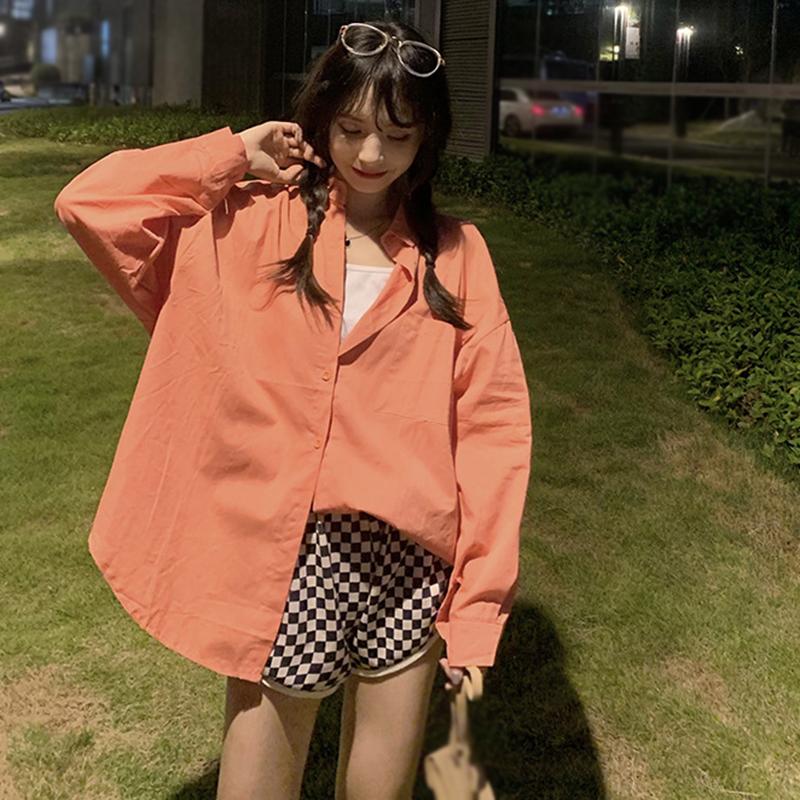 

Женская милая свободная шифоновая блузка с длинными рукавами, однотонная летняя городская повседневная рубашка с лацканами, универсальные девичьи топы