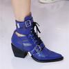 Fashion Brand Fashion Show Genuine Leather Hollow Out Women's Cool Boots Belt Buckle Pointed 6cm High Heels Fashion European American